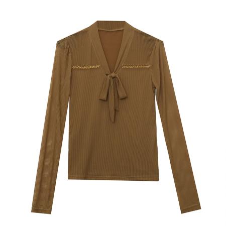 FA50430# 秋季新款韩版蝴蝶结手工订珠网纱长袖T恤女百搭修身显瘦打底衫 服裝批發女裝批發服飾貨源