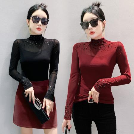 FA50431# 秋季新款高领透视重工艺烫钻修身洋气网纱长袖打底衫上衣女 服裝批發女裝批發服飾貨源