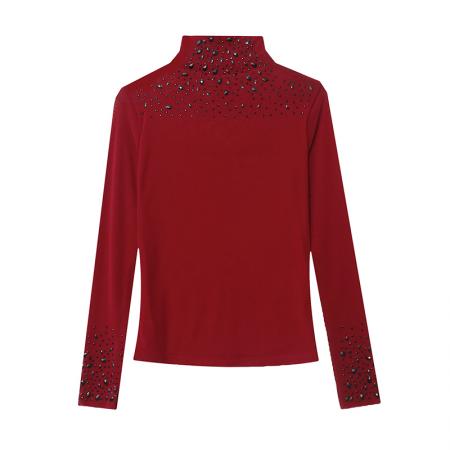 FA50431# 秋季新款高领透视重工艺烫钻修身洋气网纱长袖打底衫上衣女 服裝批發女裝批發服飾貨源