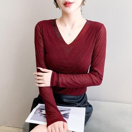 秋季新款性感V领重工艺镶钻上衣修身显瘦百搭长袖打底衫 服裝批發女裝批發服飾貨源
