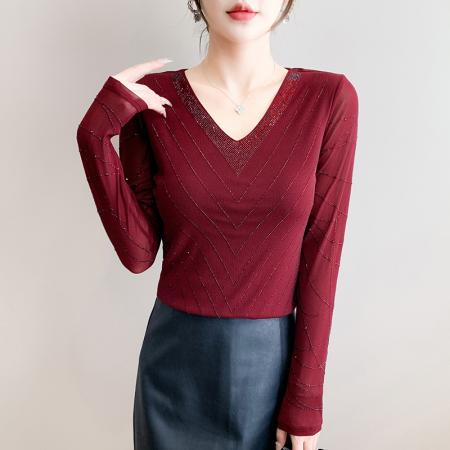 FA50432# 秋季新款性感V领重工艺镶钻上衣修身显瘦百搭长袖打底衫 服裝批發女裝批發服飾貨源