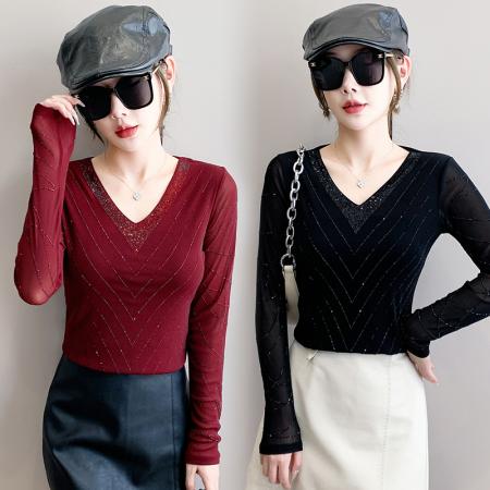 FA50432# 秋季新款性感V领重工艺镶钻上衣修身显瘦百搭长袖打底衫 服裝批發女裝批發服飾貨源