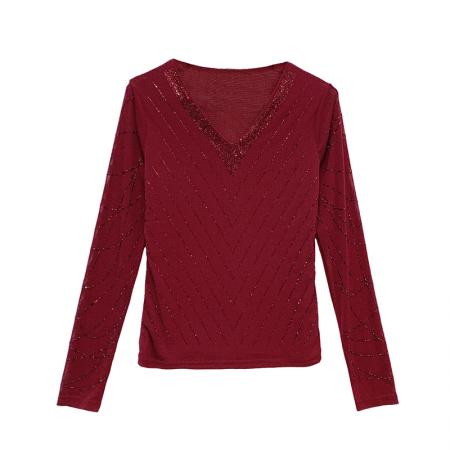 FA50432# 秋季新款性感V领重工艺镶钻上衣修身显瘦百搭长袖打底衫 服裝批發女裝批發服飾貨源