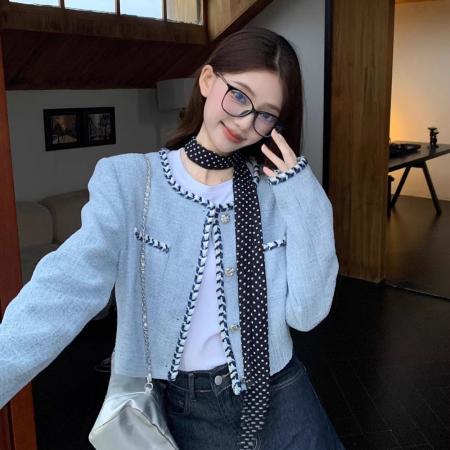 FA50433# 法式时尚短款蓝色小香风外套气质高级感粗花呢设计感针织开衫上衣 服裝批發女裝批發服飾貨源