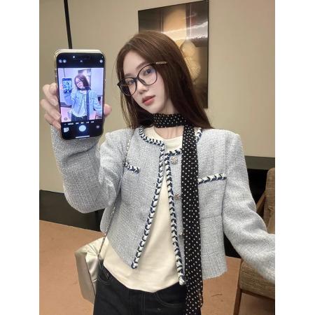 FA50433# 法式时尚短款蓝色小香风外套气质高级感粗花呢设计感针织开衫上衣 服裝批發女裝批發服飾貨源