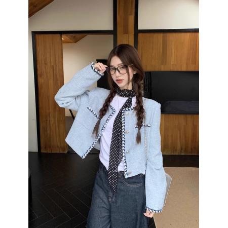 FA50433# 法式时尚短款蓝色小香风外套气质高级感粗花呢设计感针织开衫上衣 服裝批發女裝批發服飾貨源