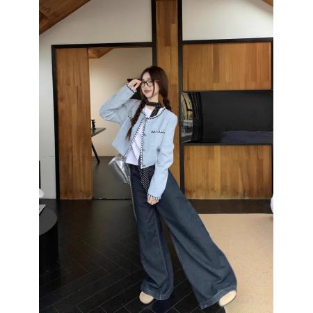 FA50433# 法式时尚短款蓝色小香风外套气质高级感粗花呢设计感针织开衫上衣 服裝批發女裝批發服飾貨源