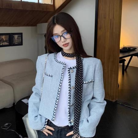 FA50433# 法式时尚短款蓝色小香风外套气质高级感粗花呢设计感针织开衫上衣 服裝批發女裝批發服飾貨源