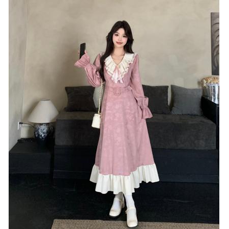 大码女装提花雪尼尔拼接长裙冬季新款微胖mm设计感连衣裙 服裝批發女裝批發服飾貨源