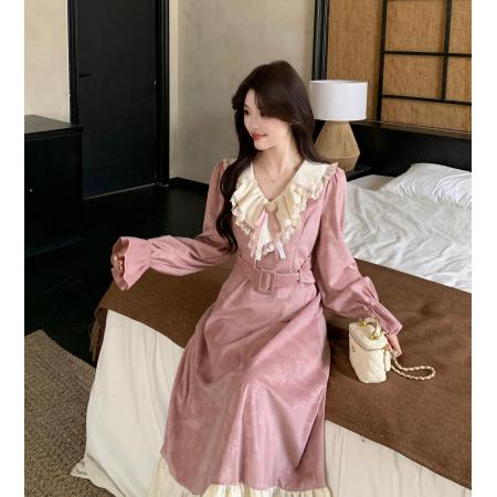 大码女装提花雪尼尔拼接长裙冬季新款微胖mm设计感连衣裙 服裝批發女裝批發服飾貨源