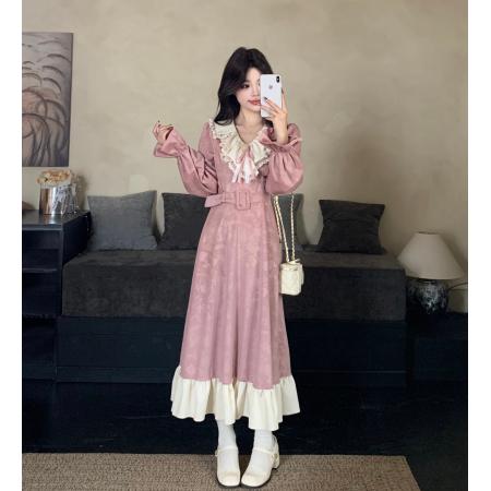 大码女装提花雪尼尔拼接长裙冬季新款微胖mm设计感连衣裙 服裝批發女裝批發服飾貨源