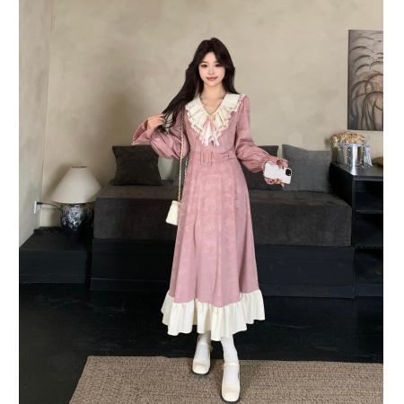 大码女装提花雪尼尔拼接长裙冬季新款微胖mm设计感连衣裙 服裝批發女裝批發服飾貨源