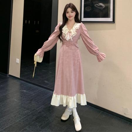 大码女装提花雪尼尔拼接长裙冬季新款微胖mm设计感连衣裙 服裝批發女裝批發服飾貨源