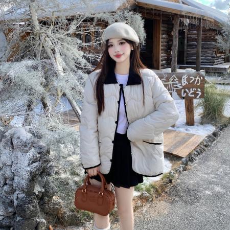 FA50438# 大码女装胖mm短款宽松夹棉外套秋冬白色棉服高级感棉袄上衣 服裝批發女裝批發服飾貨源