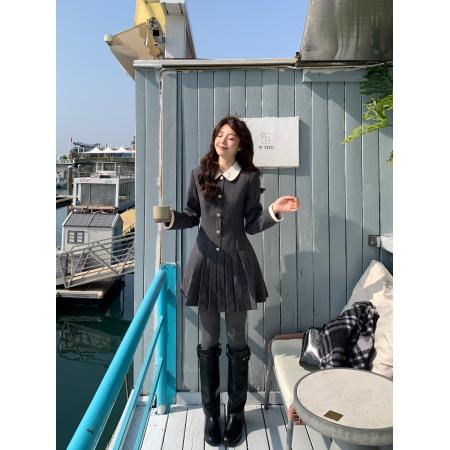 雯凛冬恋歌韩系高智感假两件连衣裙女秋冬收腰百褶裙 服裝批發女裝批發服飾貨源