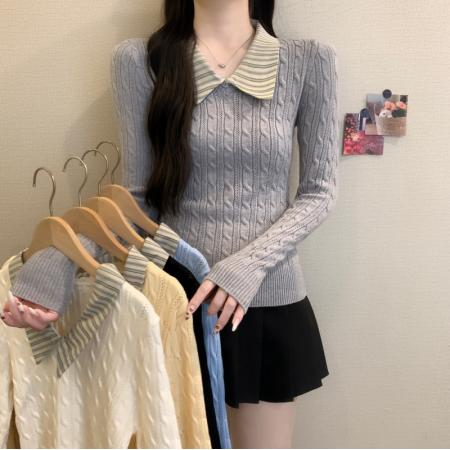 秋冬新款韩系v领麻花拼条纹假两件宋正恩同款修身针织衫 服裝批發女裝批發服飾貨源