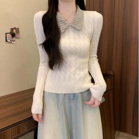 秋冬新款韩系v领麻花拼条纹假两件宋正恩同款修身针织衫 服裝批發女裝批發服飾貨源