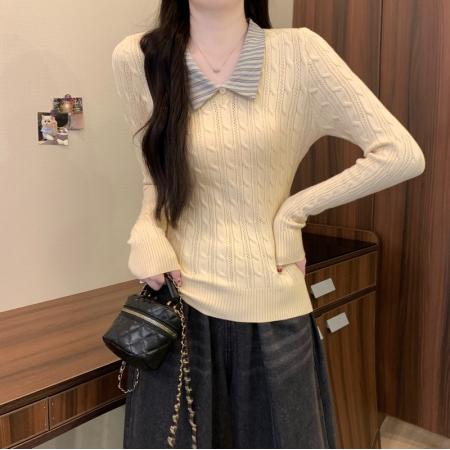 秋冬新款韩系v领麻花拼条纹假两件宋正恩同款修身针织衫 服裝批發女裝批發服飾貨源