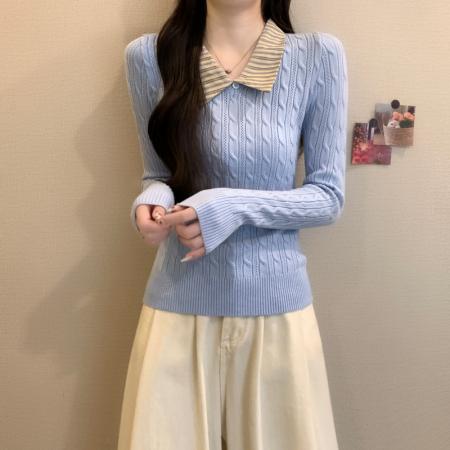 秋冬新款韩系v领麻花拼条纹假两件宋正恩同款修身针织衫 服裝批發女裝批發服飾貨源