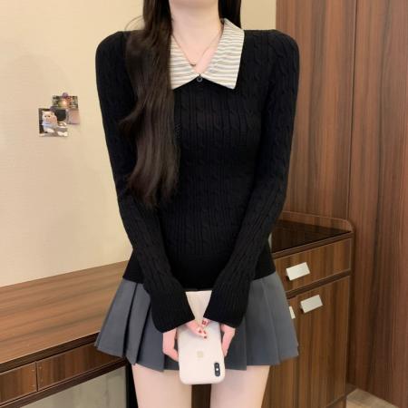 秋冬新款韩系v领麻花拼条纹假两件宋正恩同款修身针织衫 服裝批發女裝批發服飾貨源