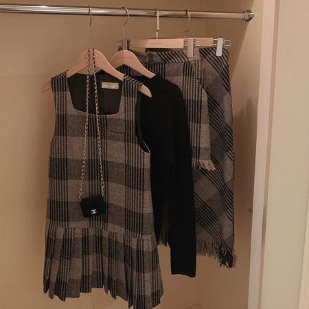 格子新款秋冬名媛气质小香风连衣裙无袖复古时尚格纹背心裙子 服裝批發女裝批發服飾貨源