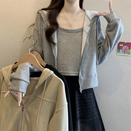 韩版新款连帽拉链短款长袖卫衣女...