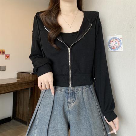 FA50450# 韩版新款连帽拉链短款长袖卫衣女+吊带 服裝批發女裝批發服飾貨源