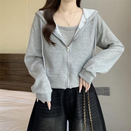 FA50450# 韩版新款连帽拉链短款长袖卫衣女+吊带 服裝批發女裝批發服飾貨源