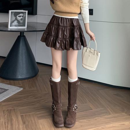 有货秋冬新款韩版甜美芭蕾风荷叶边半身裙高腰A字蛋糕皮短裙 服裝批發女裝批發服飾貨源