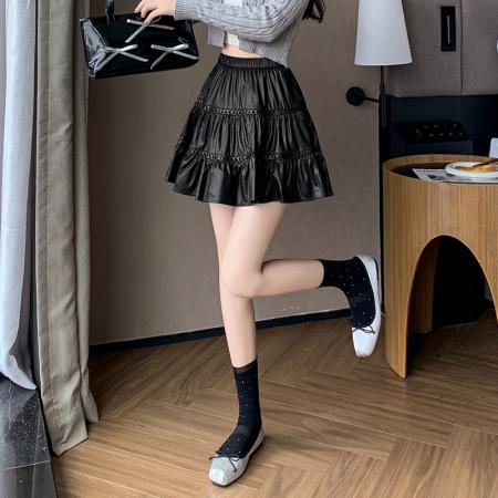 有货秋冬新款韩版甜美芭蕾风荷叶边半身裙高腰A字蛋糕皮短裙 服裝批發女裝批發服飾貨源