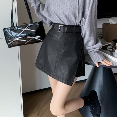 有货皮裙裤女秋冬休闲皮裤裙百搭半身裙pu皮短裙高腰a字裙裤 服裝批發女裝批發服飾貨源