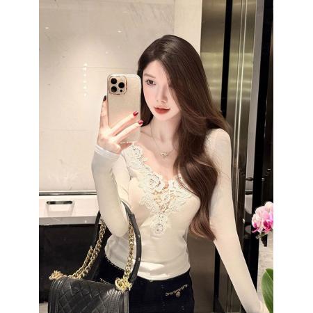 FA50454# 人棉磨毛纯欲性感辣妹蕾丝花边v领针织衫上衣女显瘦内搭打底毛衣 服裝批發女裝批發服飾貨源