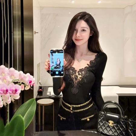 FA50454# 人棉磨毛纯欲性感辣妹蕾丝花边v领针织衫上衣女显瘦内搭打底毛衣 服裝批發女裝批發服飾貨源