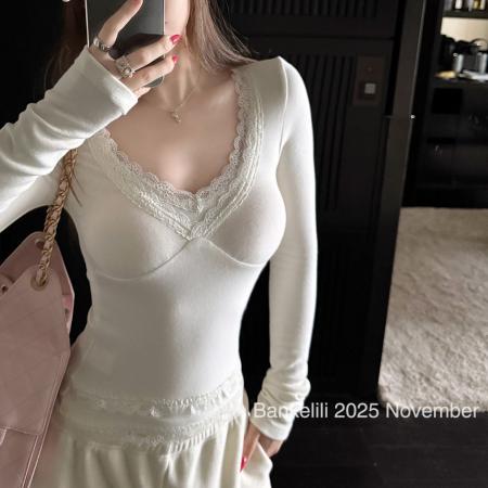 人棉磨毛'奶乖打底'蕾丝花边针织打底衫女秋冬修身上衣 服裝批發女裝批發服飾貨源