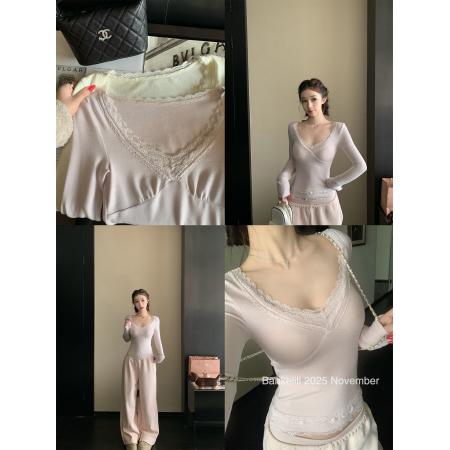 FA50455# 人棉磨毛'奶乖打底'蕾丝花边针织打底衫女秋冬修身上衣 服裝批發女裝批發服飾貨源