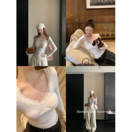 FA50455# 人棉磨毛'奶乖打底'蕾丝花边针织打底衫女秋冬修身上衣 服裝批發女裝批發服飾貨源