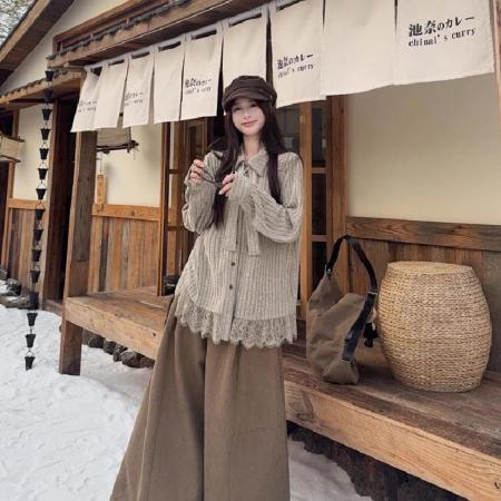 复古蕾丝拼接长袖针织衬衫女春秋新款宽松设计感小众衫衣上衣 服裝批發女裝批發服飾貨源