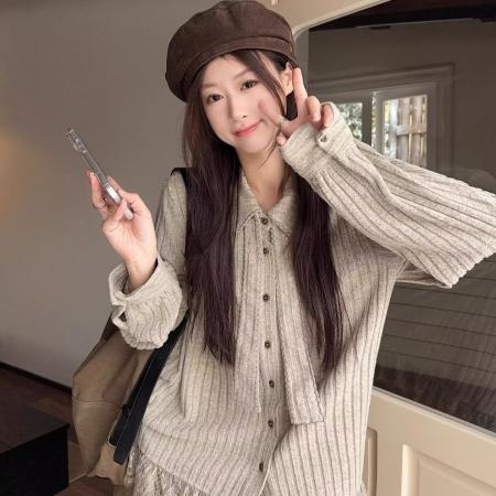 复古蕾丝拼接长袖针织衬衫女春秋新款宽松设计感小众衫衣上衣 服裝批發女裝批發服飾貨源