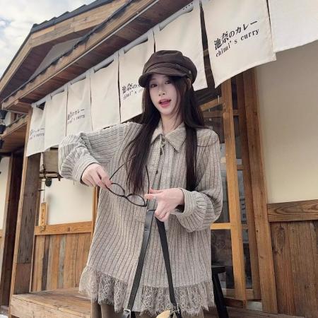 复古蕾丝拼接长袖针织衬衫女春秋新款宽松设计感小众衫衣上衣 服裝批發女裝批發服飾貨源