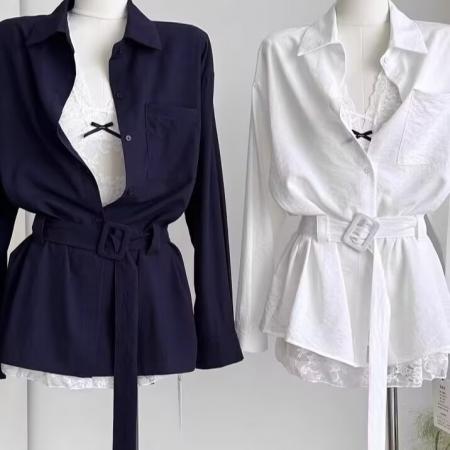 纯欲风穿搭衬衫女春秋翻领收腰显...