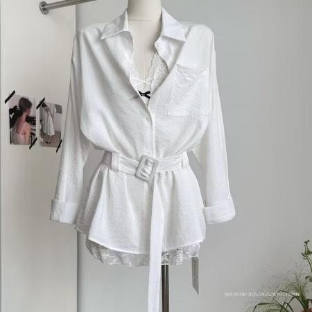 纯欲风穿搭衬衫女春秋翻领收腰显瘦衬衫裙绑带时尚辣妹上衣女 服裝批發女裝批發服飾貨源