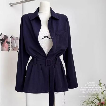 纯欲风穿搭衬衫女春秋翻领收腰显瘦衬衫裙绑带时尚辣妹上衣女 服裝批發女裝批發服飾貨源