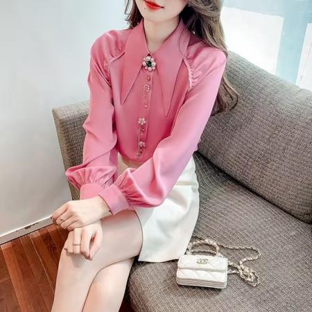 气质尖领长袖雪纺衬衫女春秋新款钉珠设计感小众减龄上衣服 服裝批發女裝批發服飾貨源