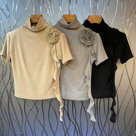 春秋新款T恤女设计感立体盘花飘带高领短袖纯色气质 服裝批發女裝批發服飾貨源