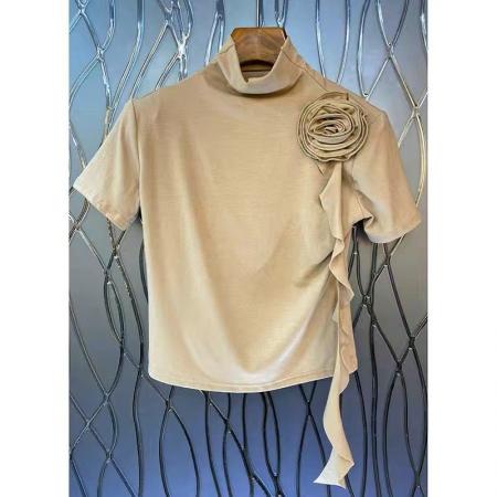 春秋新款T恤女设计感立体盘花飘带高领短袖纯色气质 服裝批發女裝批發服飾貨源