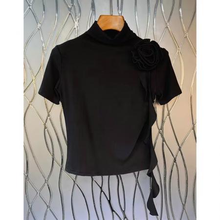 春秋新款T恤女设计感立体盘花飘带高领短袖纯色气质 服裝批發女裝批發服飾貨源