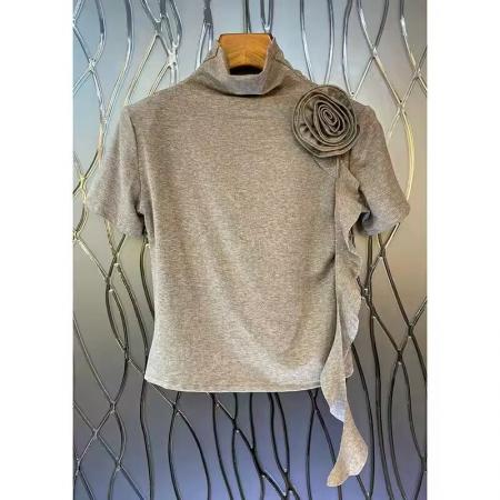 春秋新款T恤女设计感立体盘花飘带高领短袖纯色气质 服裝批發女裝批發服飾貨源