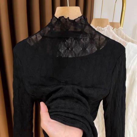 FA50466# 秋冬网纱性感蕾丝打底衫女秋冬洋气新款半高领显瘦内搭保暖上衣 服裝批發女裝批發服飾貨源