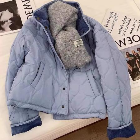 FA50468# 韩版小众蓝色灯芯绒翻领棉服女秋冬减龄设计感宽松保暖夹棉外套潮 服裝批發女裝批發服飾貨源