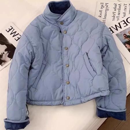 FA50468# 韩版小众蓝色灯芯绒翻领棉服女秋冬减龄设计感宽松保暖夹棉外套潮 服裝批發女裝批發服飾貨源